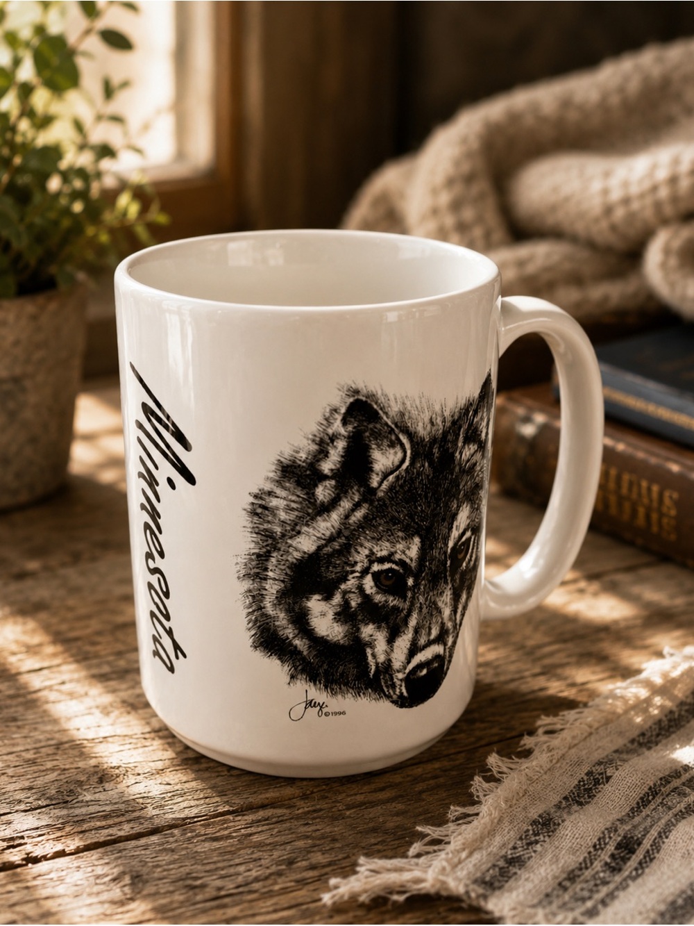 Minnesota Wolf Coffee Mug Jaeger Signed Wildlife Art Gold Accent Ceramic